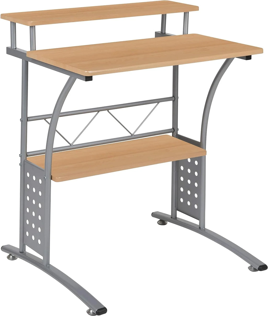 Black Silver Steel Frame Small Computer Desk with Raised Monitor Platform and Lower Storage Shelf L85534