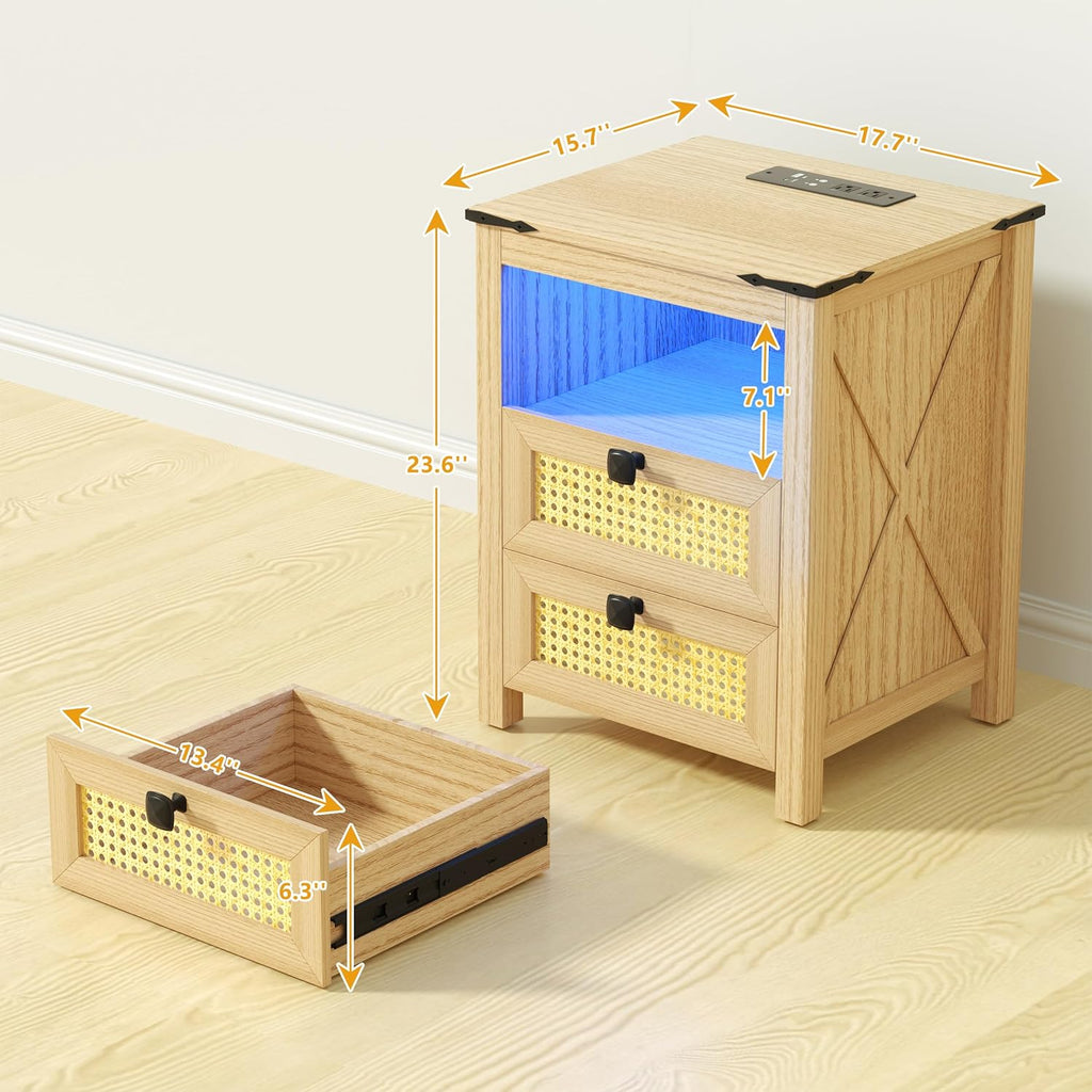Natural Wood Nightstand Set of 2 with Charging Station P372
