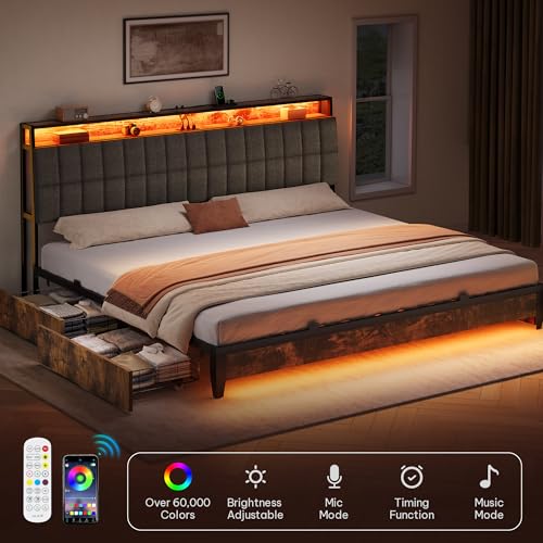 Queen Size Upholstered Platform Bed Frame with 4 Drawers and Storage Headboard Q9201