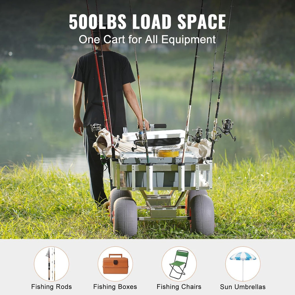 400lbs Load Capacity Aluminum Beach Fishing Cart with 13" Big Wheels and 6 Rod Holders U995612