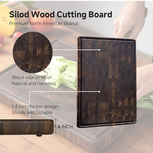 Large End Grain Walnut Wood Cutting Board 20x14 In with Juice Groove Handles L506675