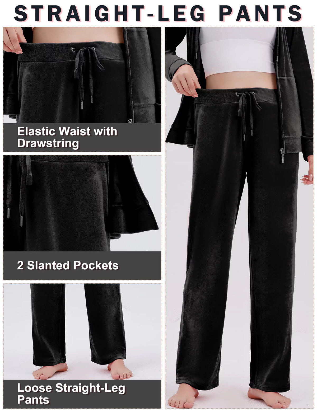 Black Velour 2 Piece Hoodie and Sweatpants Set B506