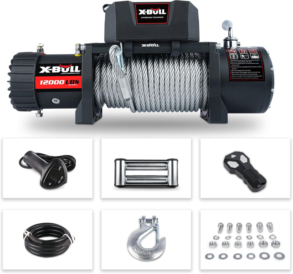 12V Stainless Steel Electric Winch Kit, 12000 lb. Load Capacity, Waterproof IP67, Wireless Handheld Remotes and Corded Control, Hawse Fairlead, Grey D9674