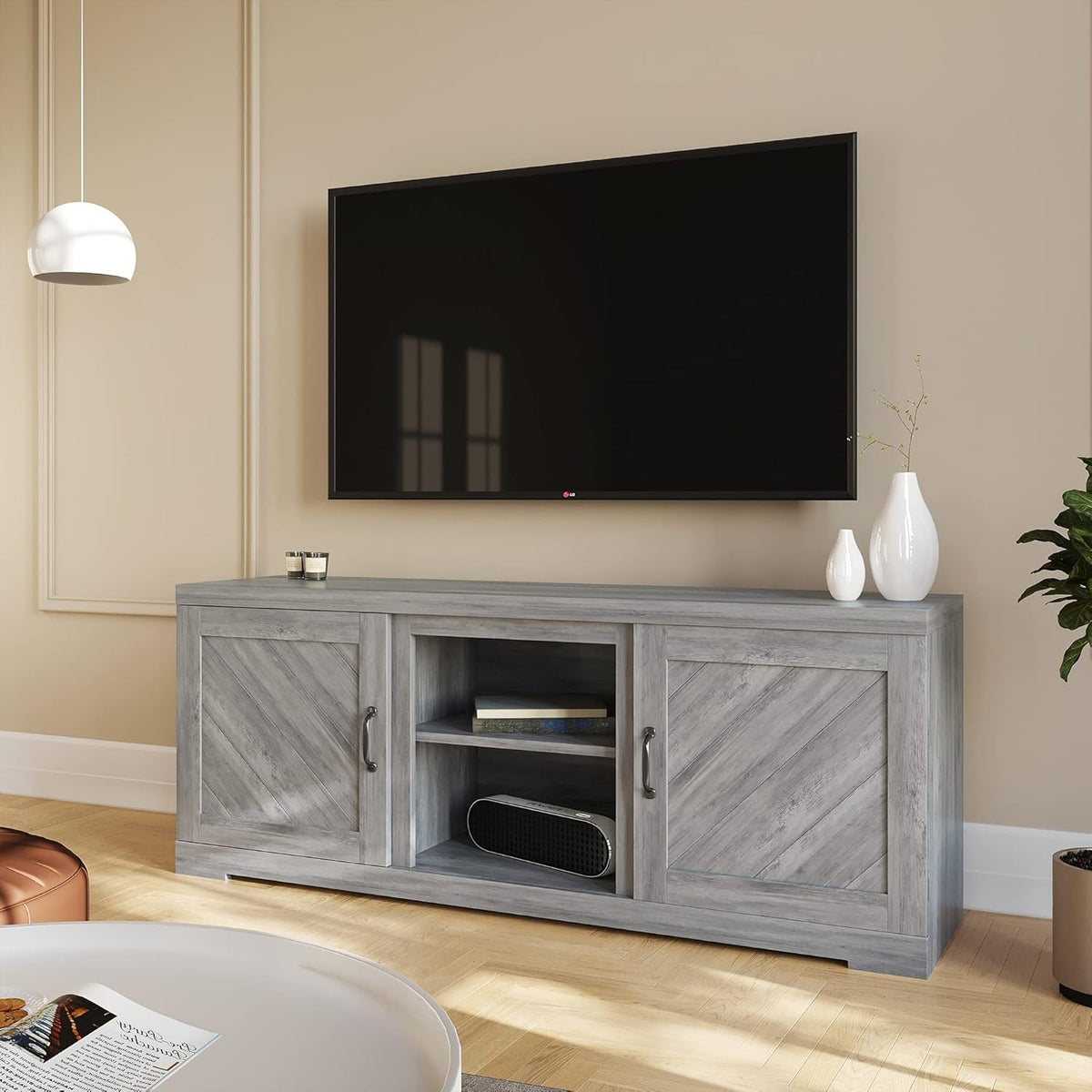Gray Wash TV Stand with Two Shelves and Storage Cabinets L4346