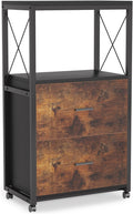Rustic Brown 2 Drawer Rolling File Cabinet with Metal Open Storage Shelves V9875