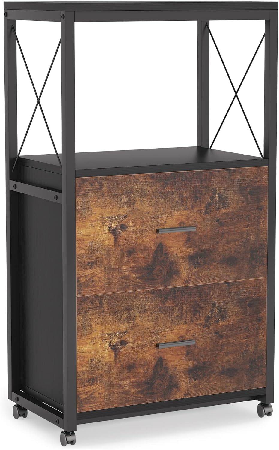 Rustic Brown 2 Drawer Rolling File Cabinet with Metal Open Storage Shelves V9875