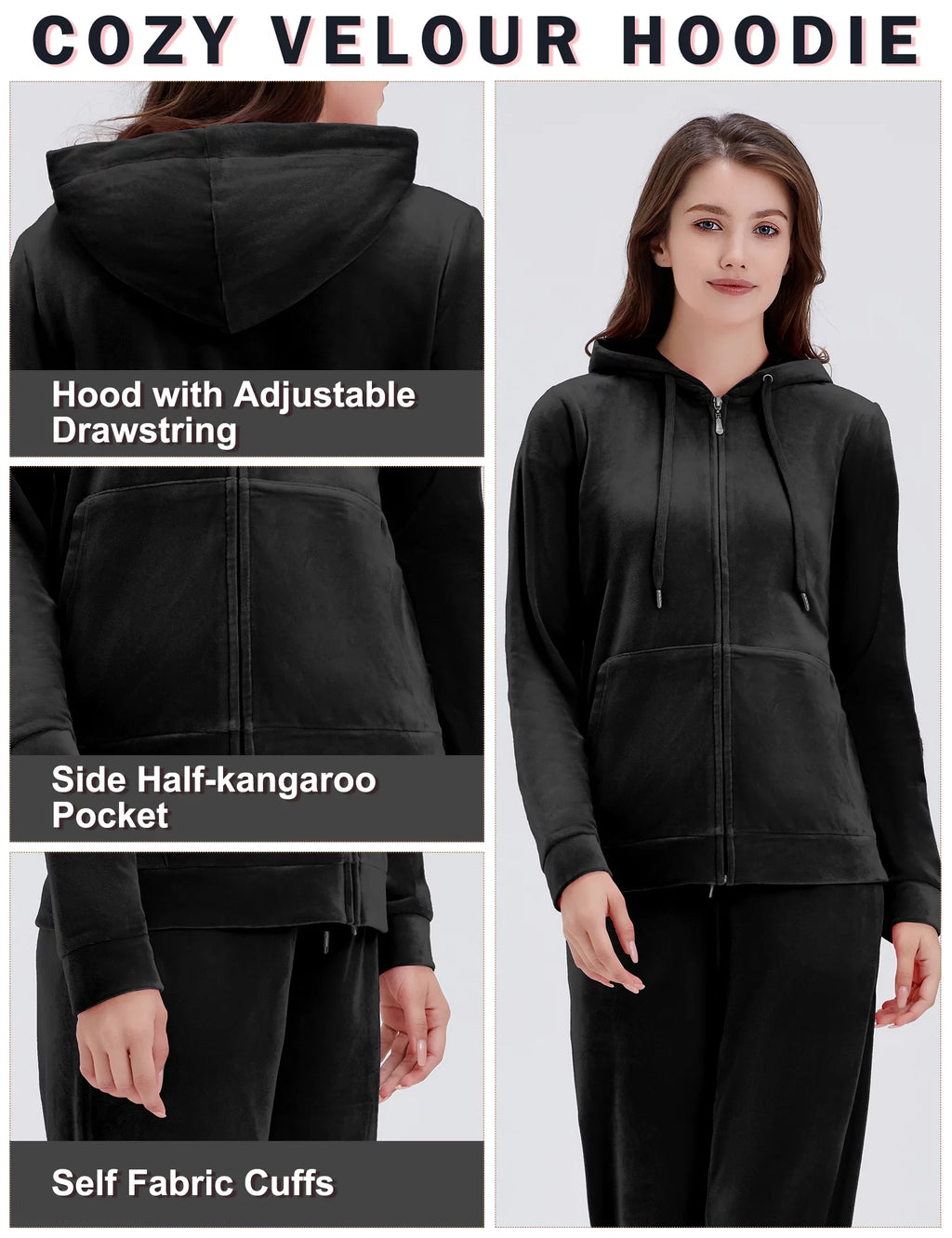 Black Velour 2 Piece Hoodie and Sweatpants Set B506