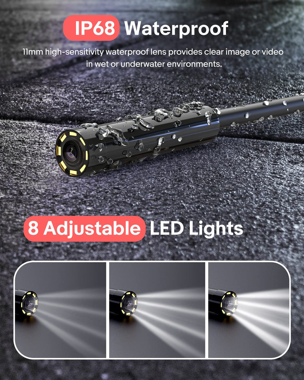 7'' Screen Borescope 6X Zoom HD Snake Camera with 8 LED Lights V15008