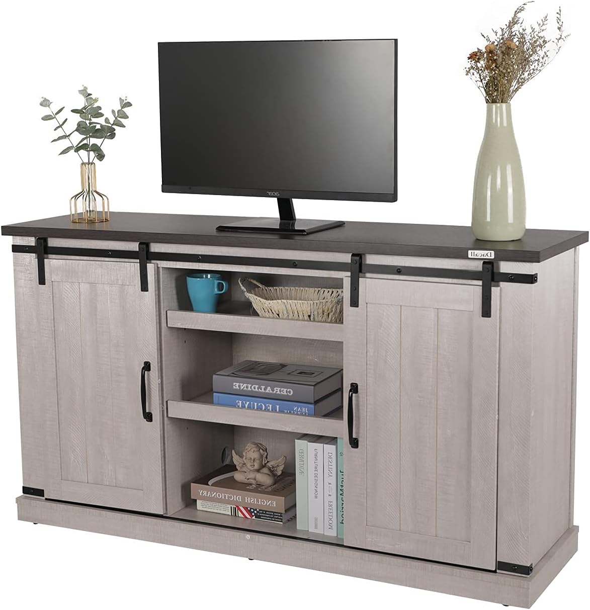 Farmhouse TV Stand with Double Sliding Barn Door Storage Cabinet D7574