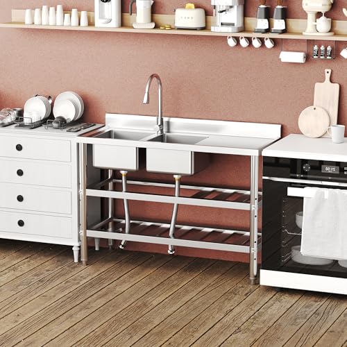 Stainless Steel Double Bowl Utility Sink with Pull-Down Faucet U370