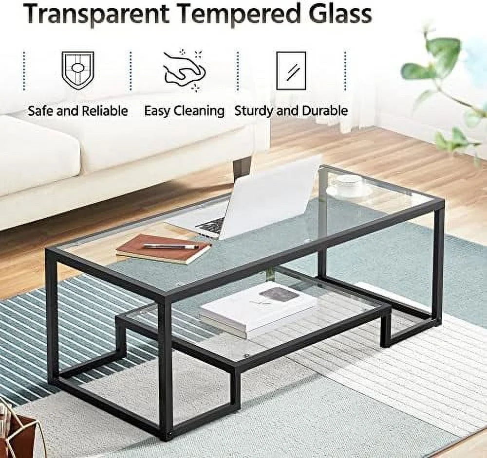 Tempered Glass Coffee Table Set of 3 Pieces Black Z816