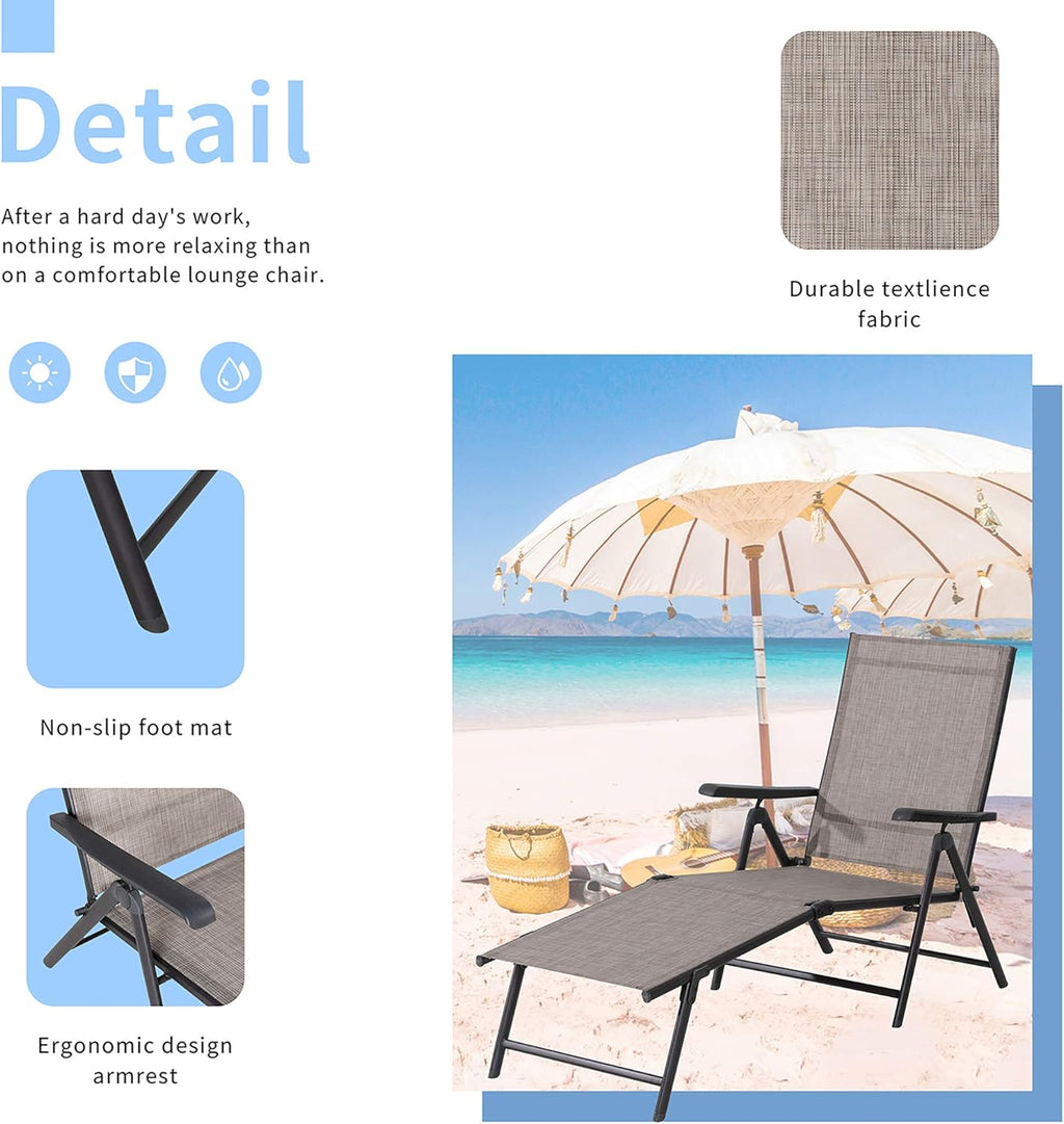 Outdoor Lounge Chairs Set of 2, Lightweight Folding Reclining Texilene Patio Chair with Adjustable Backrest G54239