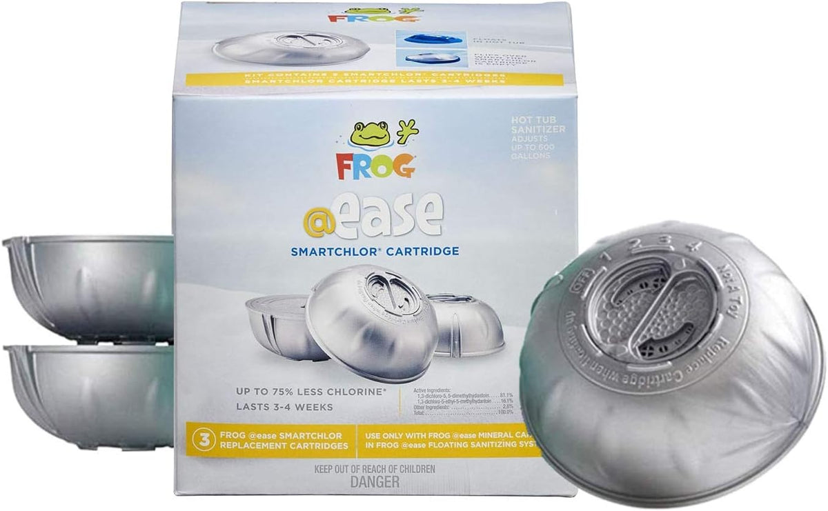 Frog @Ease Floating System with 3 Refill SmartChlor Replacement Mineral Cartridges, Jump Start Shock and 30 Test Strips with Bonus White Spa Thermometer U96796
