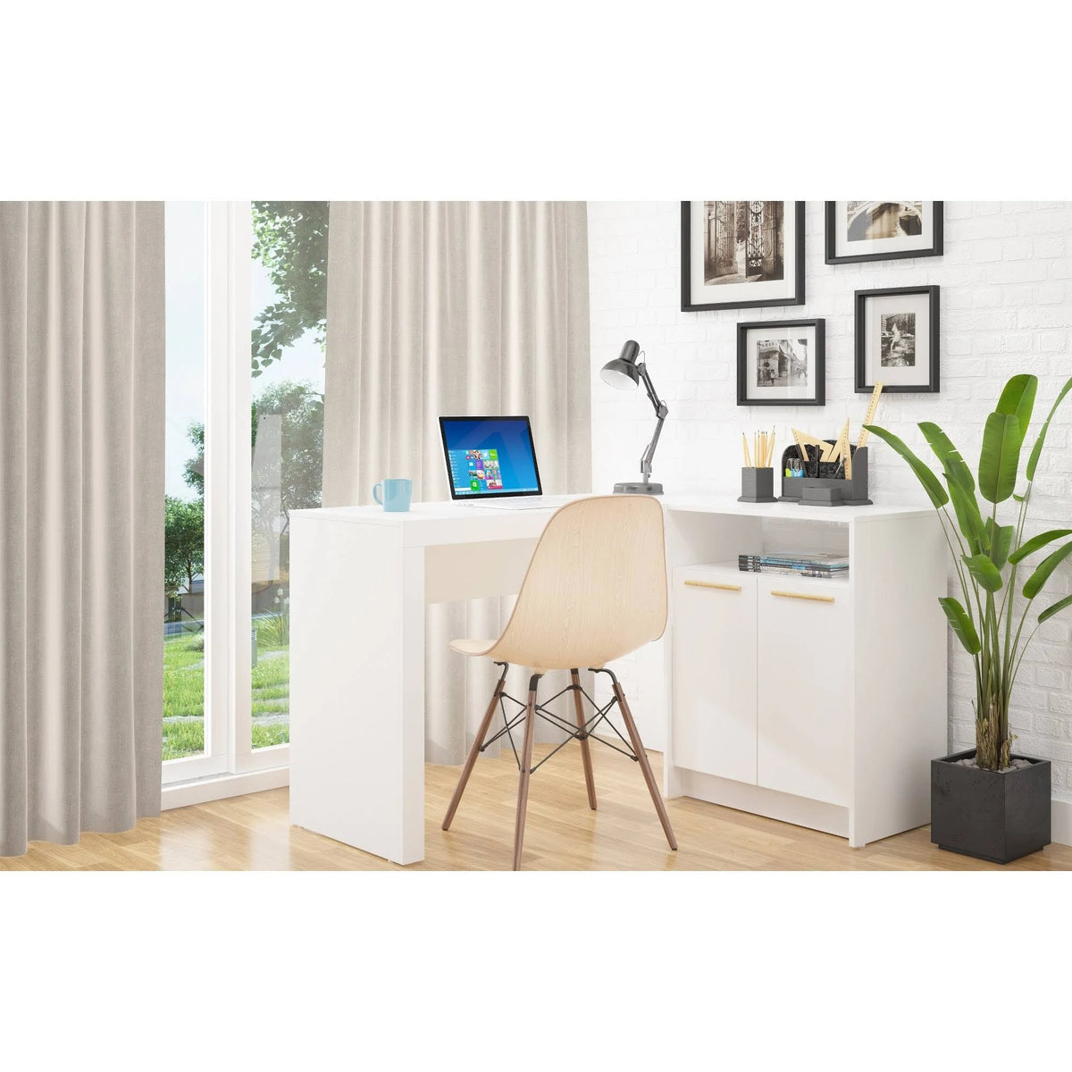 White L-Shaped Office Desk with Cabinet B1015