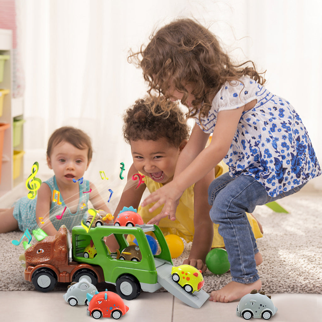 Double-decker Dinosaur Car Toy Transport Carrier Truck with 8 Small Pull Back Dino Car Friction Power Vehicle O35317