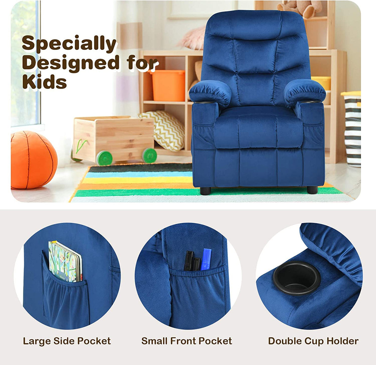 Rose Velvet Kids Recliner Chair with Cup Holder J317769