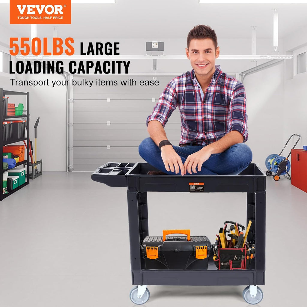 Black 2 Shelf Heavy Duty Plastic Rolling Utility Cart L8120