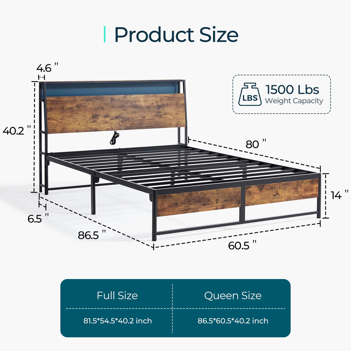 Full Size Metal Platform Bed Frame with Headboard and Storage Shelves C135