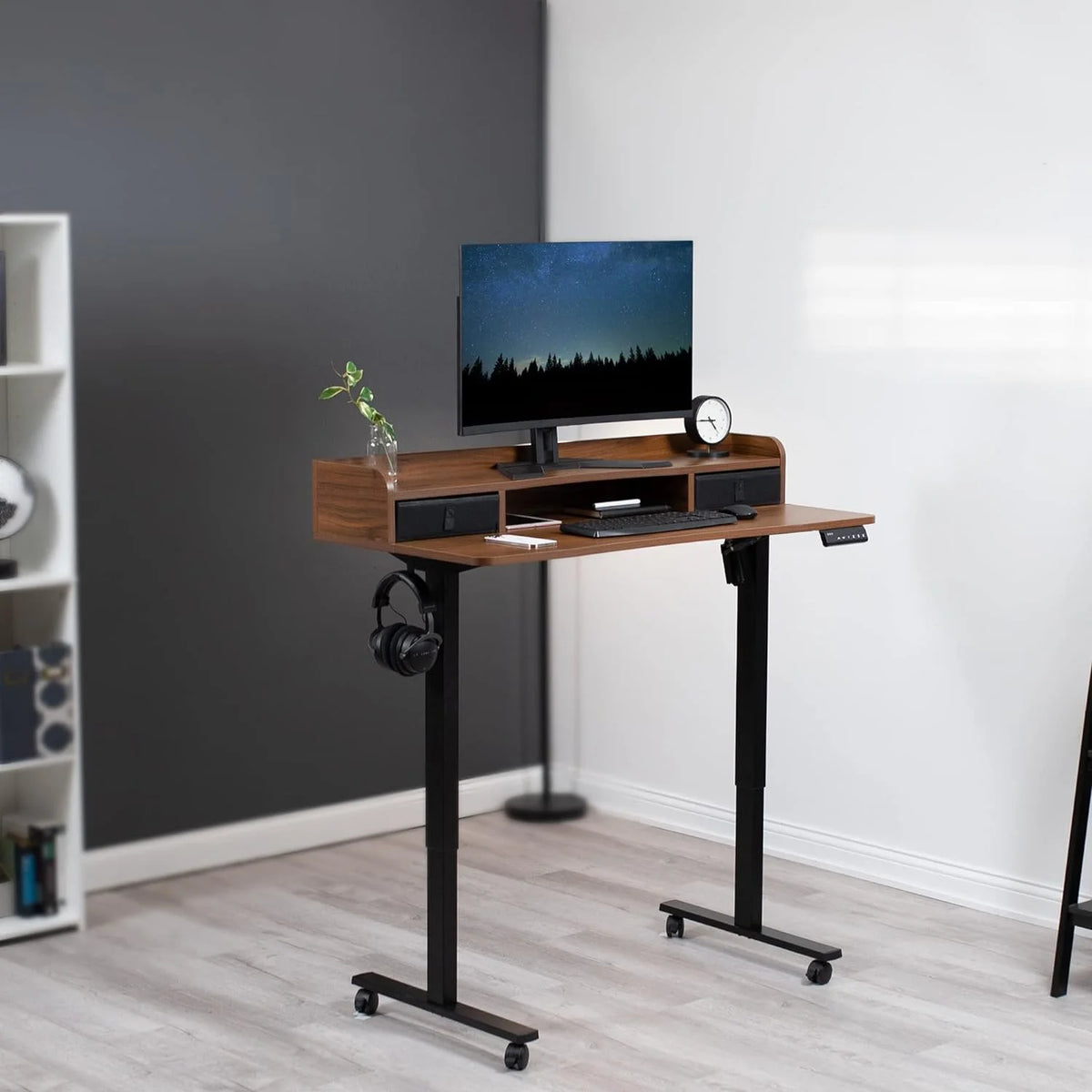 Dark Walnut Top Black Frame 2-Tier Height Adjustable Stand Up Desk L2940