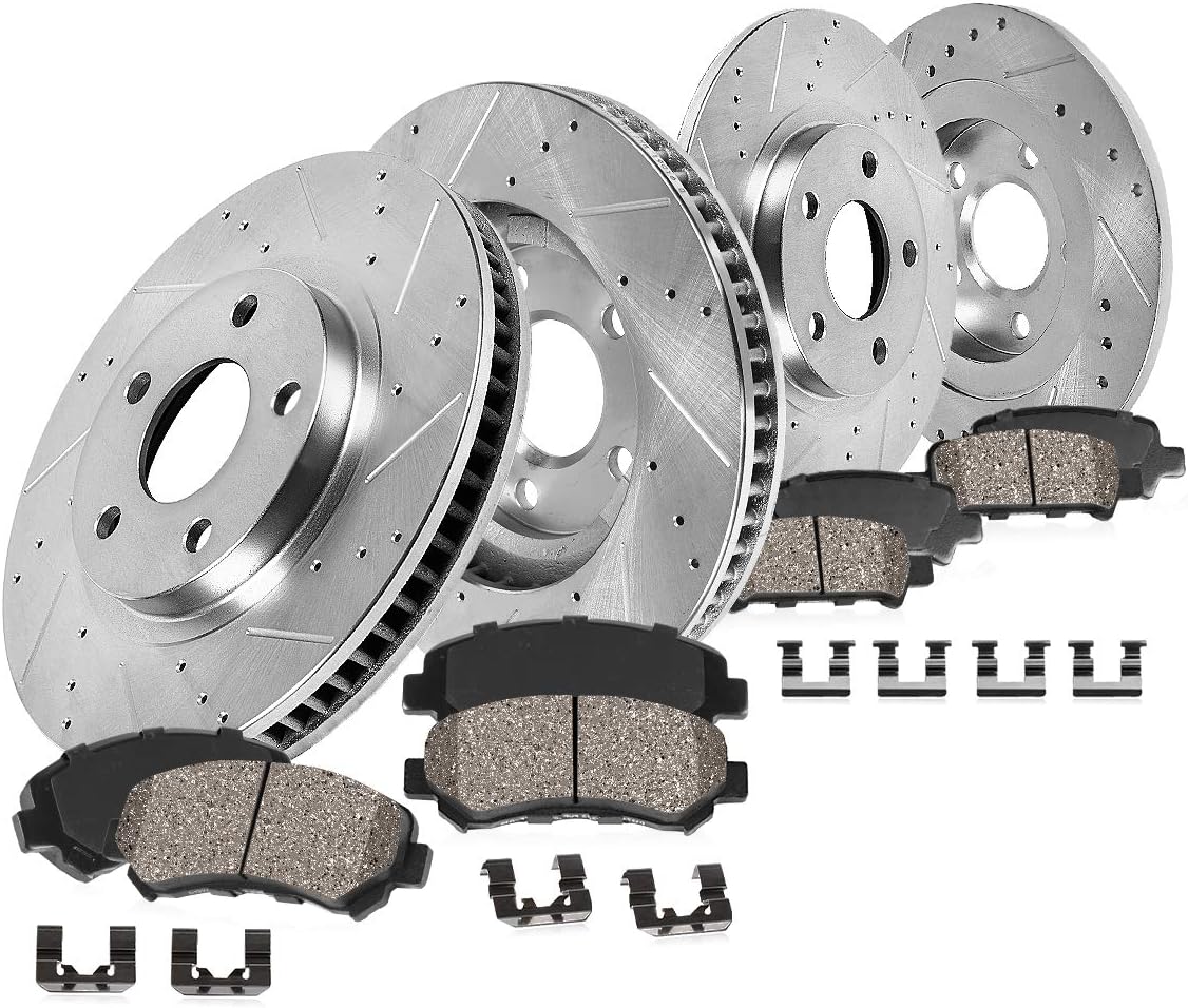 Front and Rear Brake Rotors + Ceramic Brake Pads + Clips N855