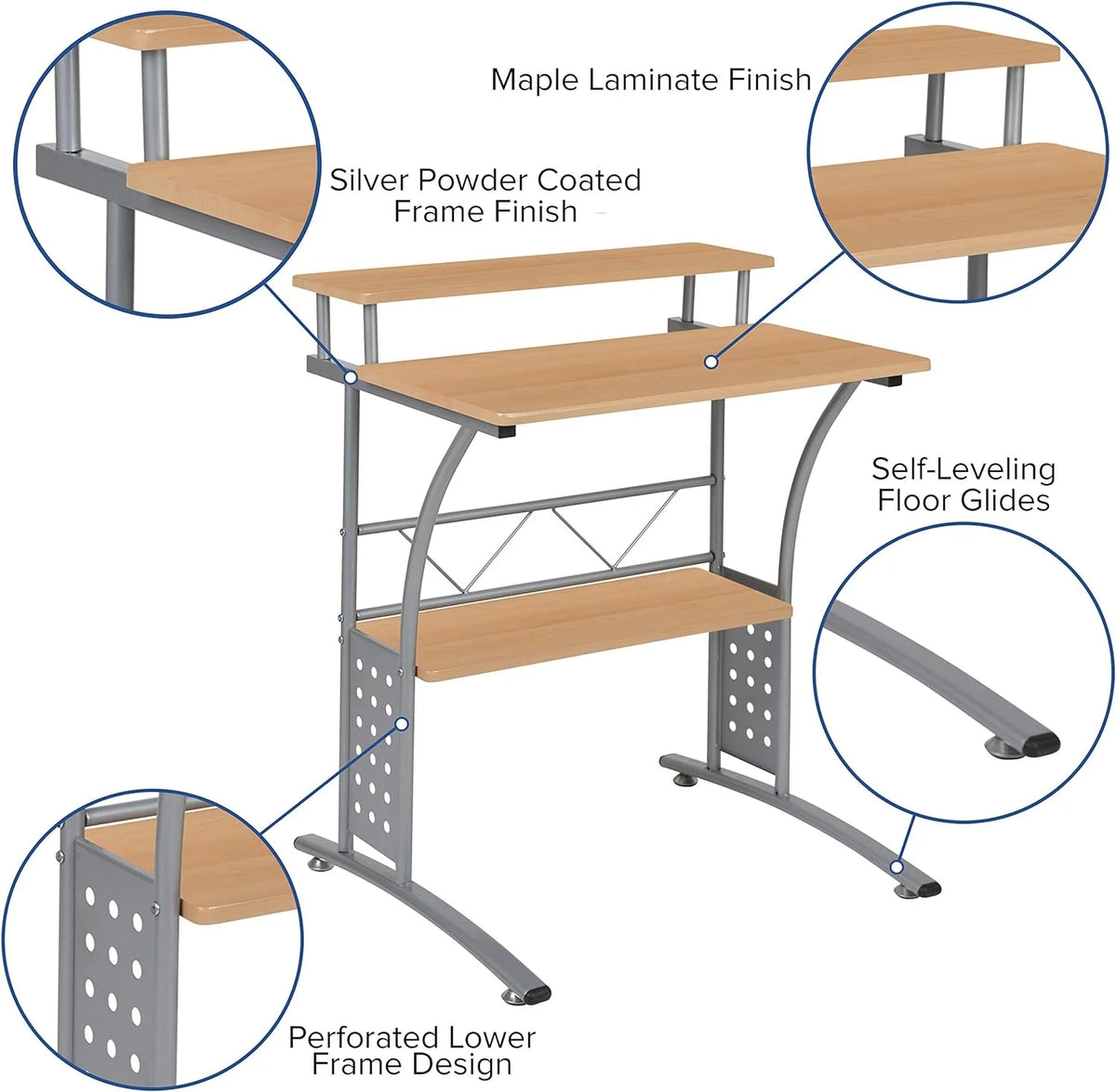 Black Silver Steel Frame Small Computer Desk with Raised Monitor Platform and Lower Storage Shelf L85534