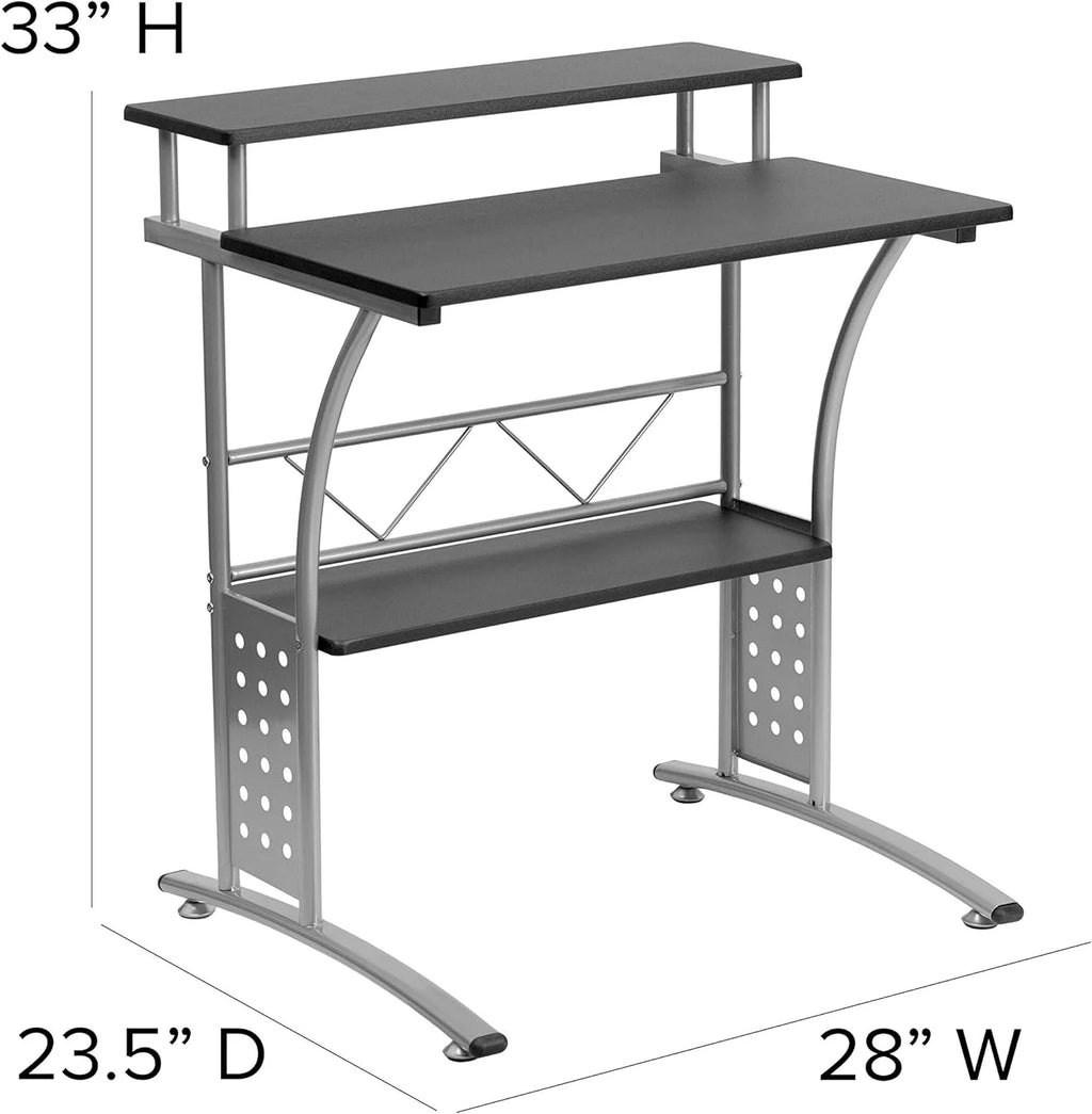 Black Silver Steel Frame Small Computer Desk with Raised Monitor Platform and Lower Storage Shelf L85534