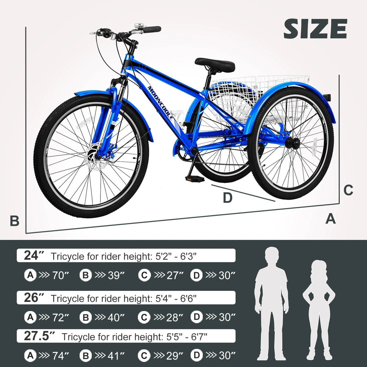 Adult Mountain Tricycle, 7 Speed Three Wheel Bike, 24/26/27.5 inch, 420 lbs H499691