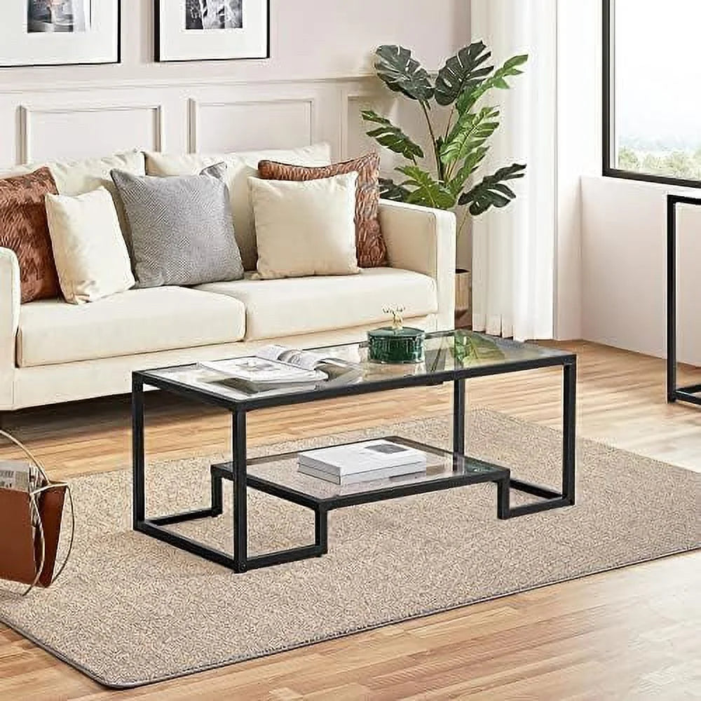 Tempered Glass Coffee Table Set of 3 Pieces Black Z816