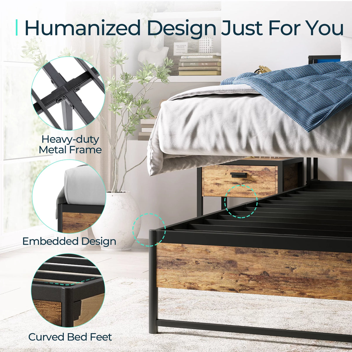 Full Size Metal Platform Bed Frame with Headboard and Storage Shelves C135