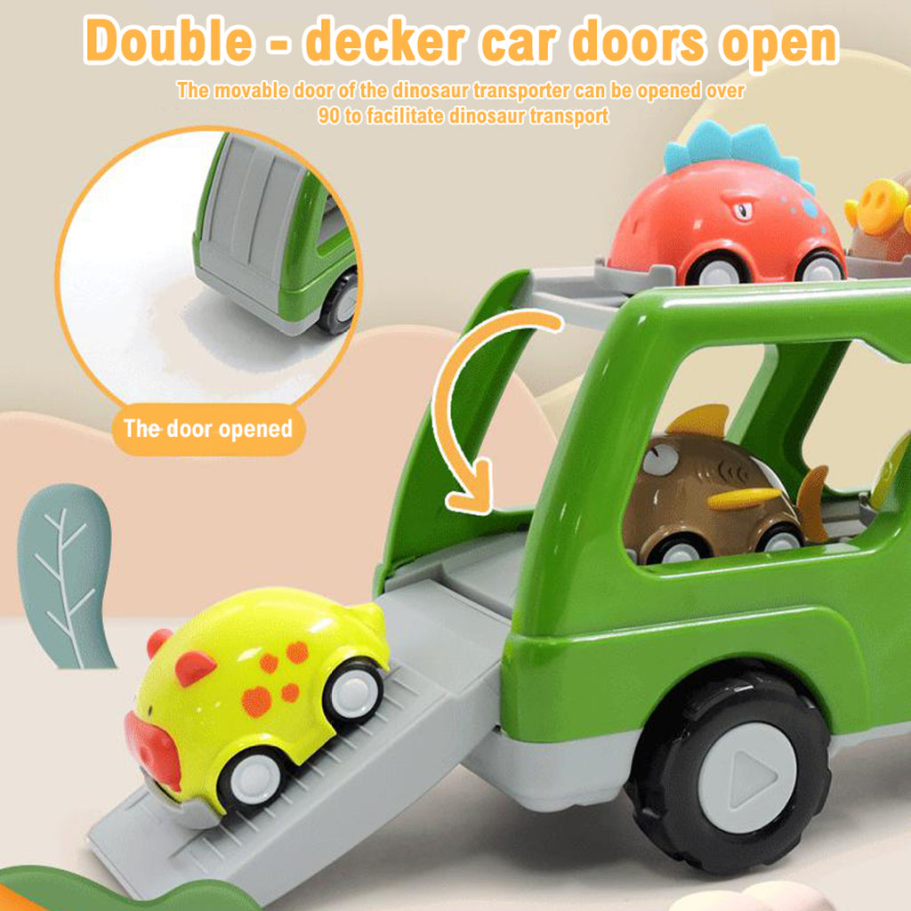 Double-decker Dinosaur Car Toy Transport Carrier Truck with 8 Small Pull Back Dino Car Friction Power Vehicle O35317
