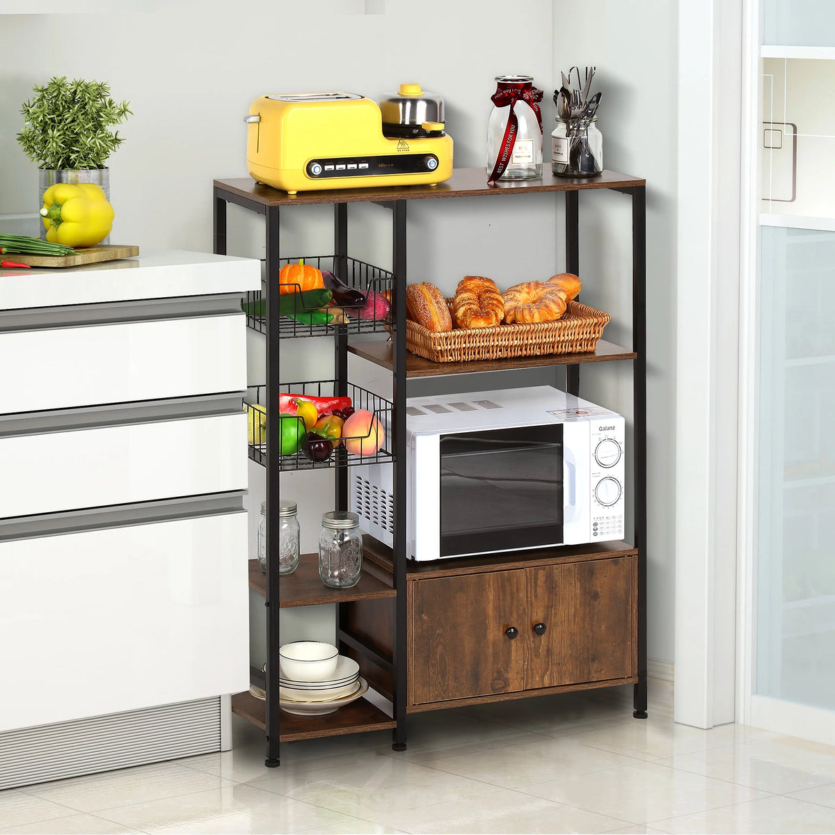5-Tier Wood Brown Kitchen Bakers Rack with Cabinet R161