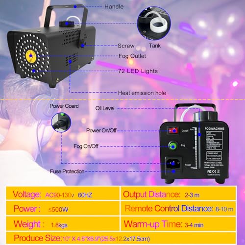 500W 2000 CFM Fog Machine with 72 LED Lights and Remote Control F14894