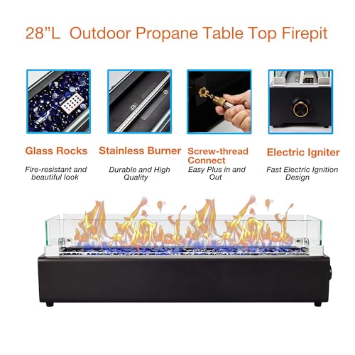 Black 28-inch Table Top Propane Fire Pit with Wind Glass Shield U933131
