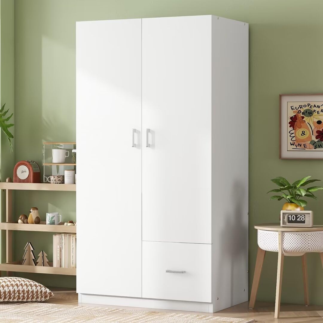 White 2 Door Wood Wardrobe with 5 Fixed Shelves and Hanging Rod X33365