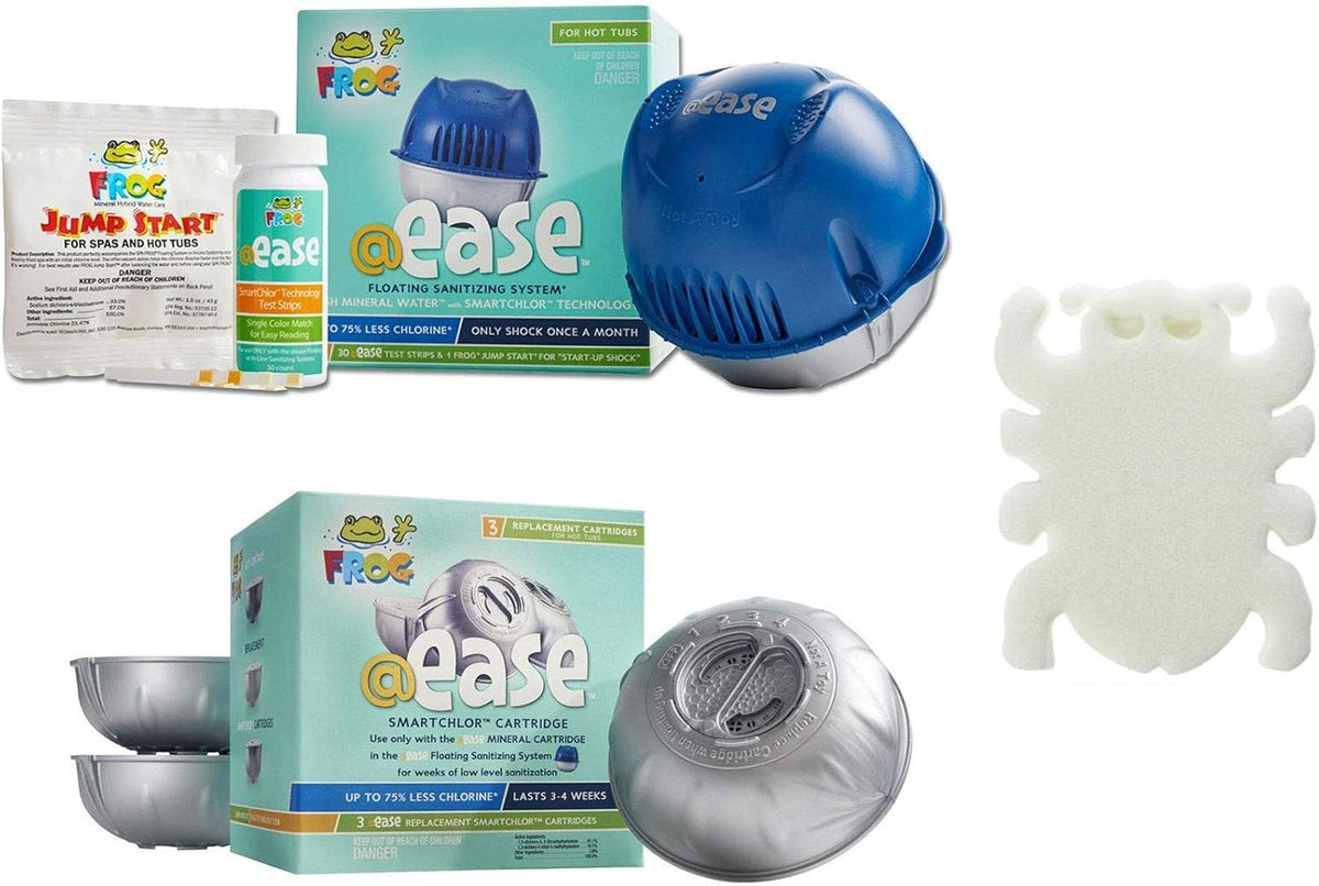 Frog @Ease Floating System with 3 Refill SmartChlor Replacement Mineral Cartridges, Jump Start Shock and 30 Test Strips with Bonus White Spa Thermometer U96796