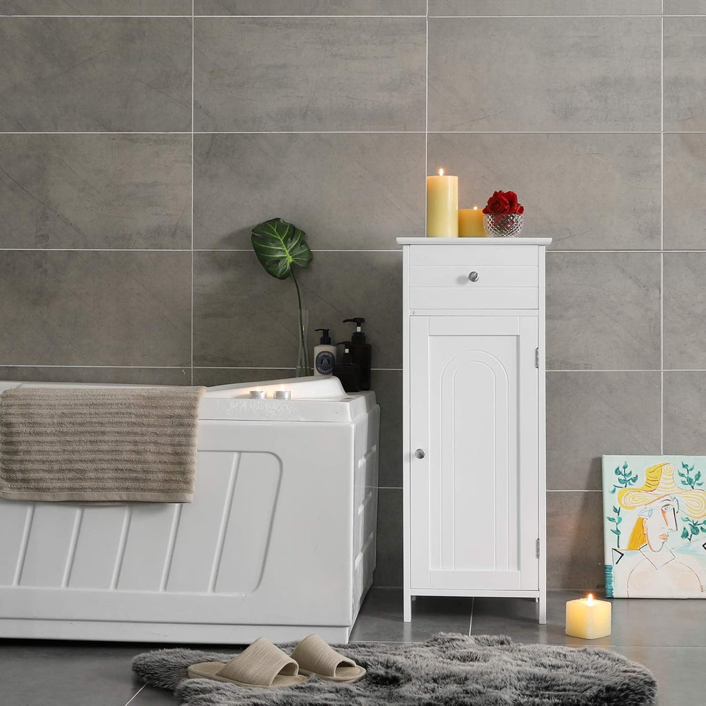 White Wooden Bathroom Floor Cabinet with Drawer and Adjustable Shelf B677580