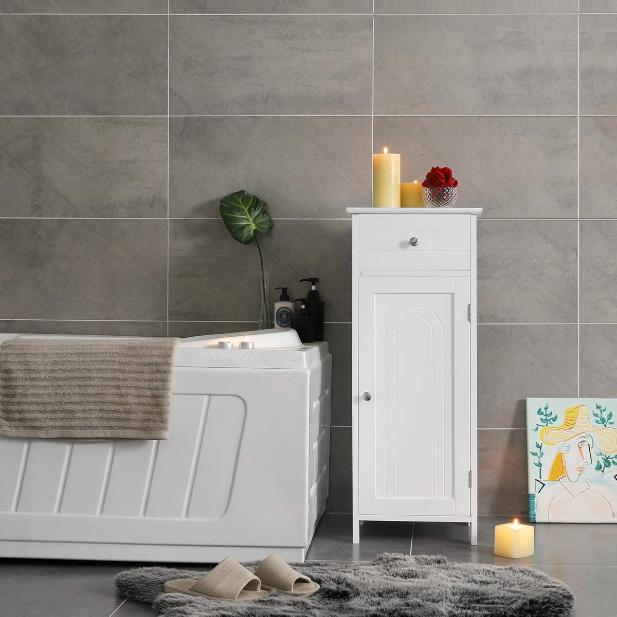 White Wooden Bathroom Floor Cabinet with Drawer and Adjustable Shelf B677580