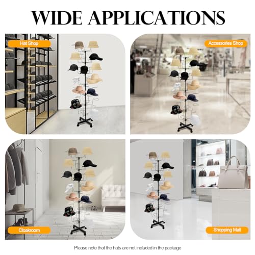 7-Tier Rotating Hat Display Rack, 35 Hooks Metal Freestanding Black Floor Rack N4902