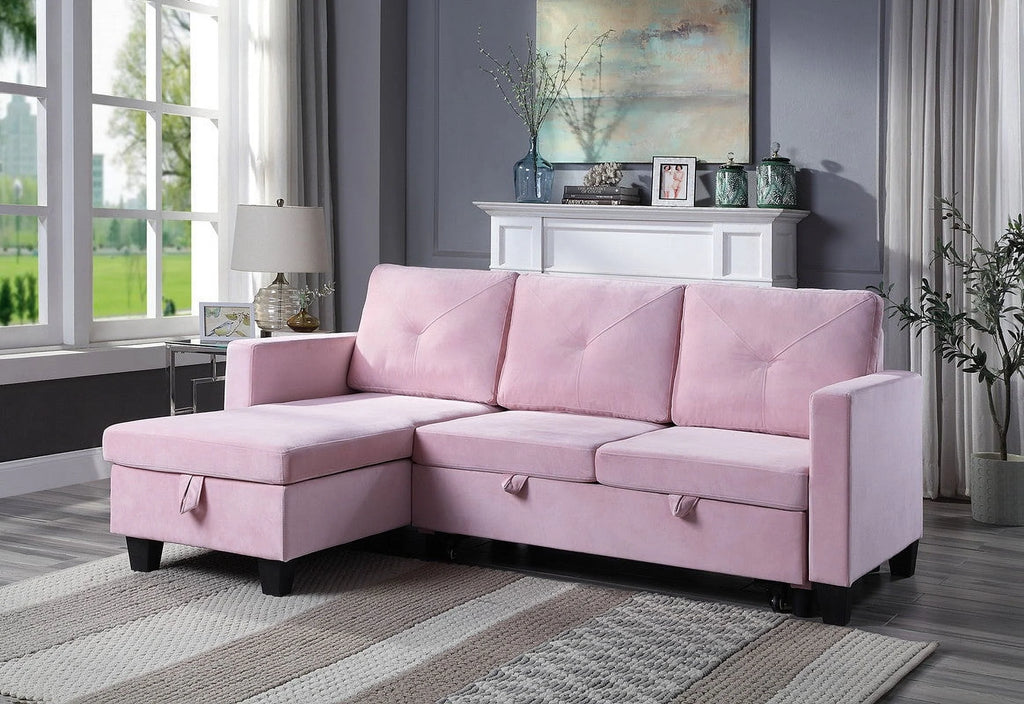 Pink Velvet Reversible Sleeper Sectional Sofa with Storage A1372