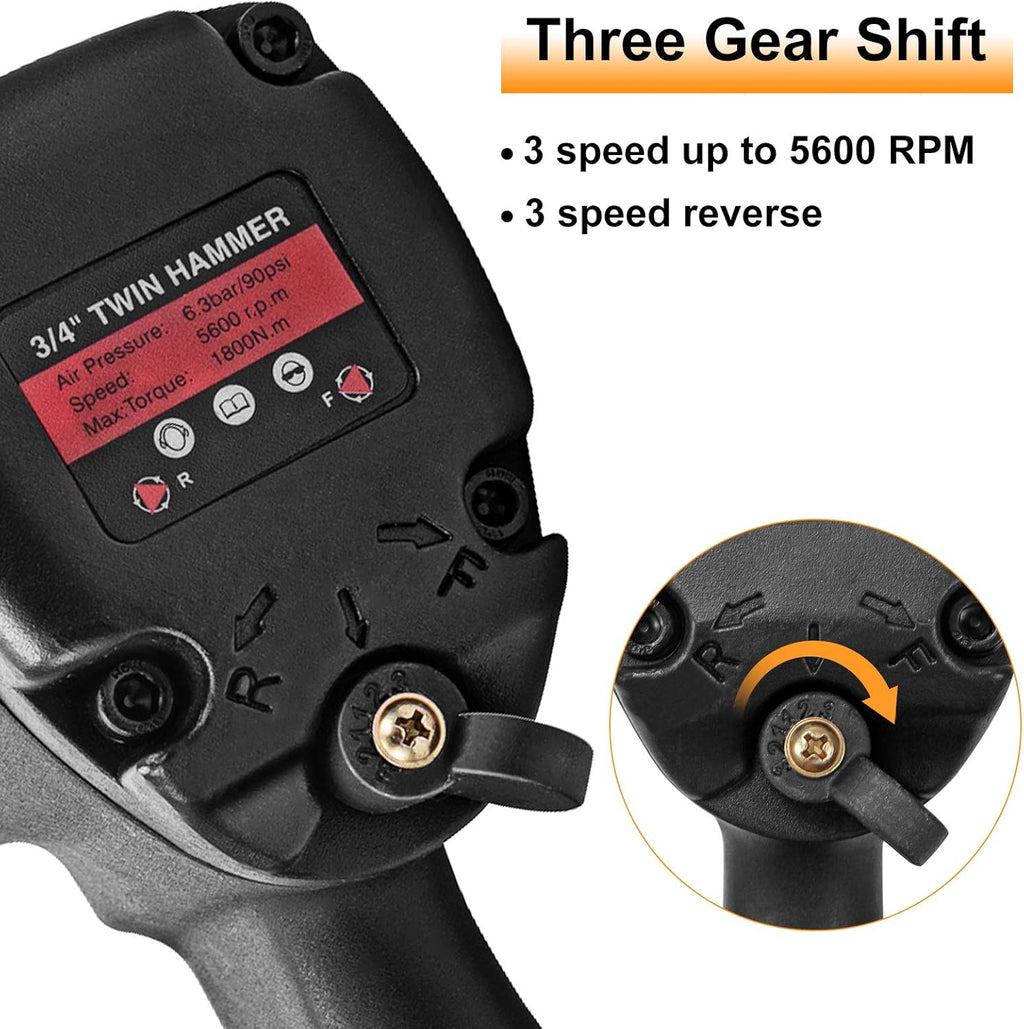 3/4 Inch Pneumatic Impact Wrench with 3-Speed Control Max 5600RPM P5049