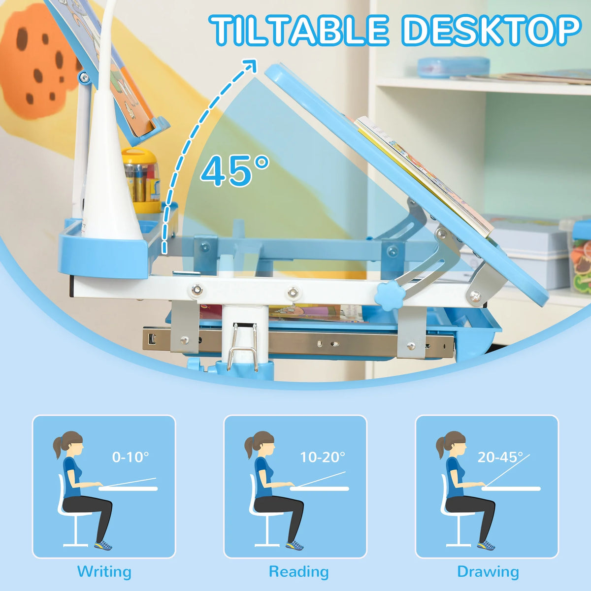 Kids Table and Chair Set with USB Lamp and Storage Drawer, Blue and White C889248