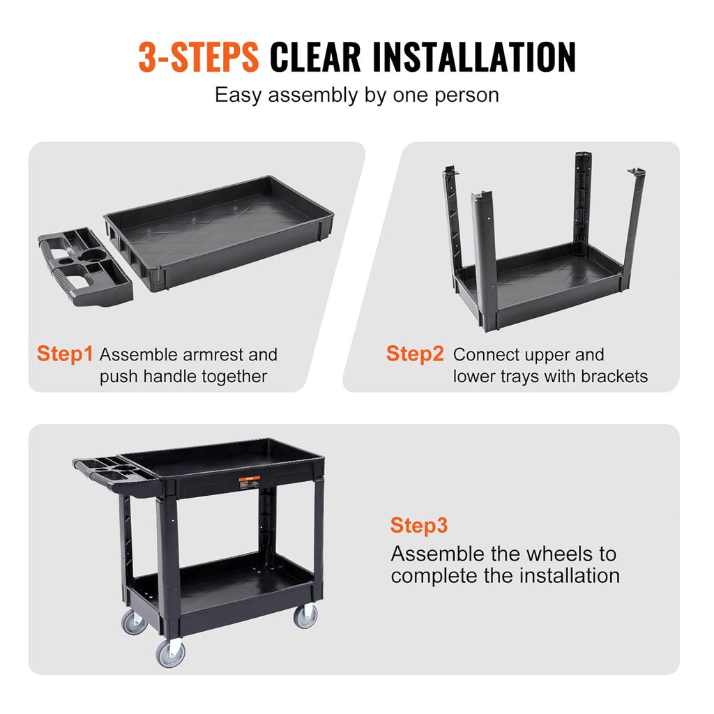 Black 2 Shelf Heavy Duty Plastic Rolling Utility Cart L8120