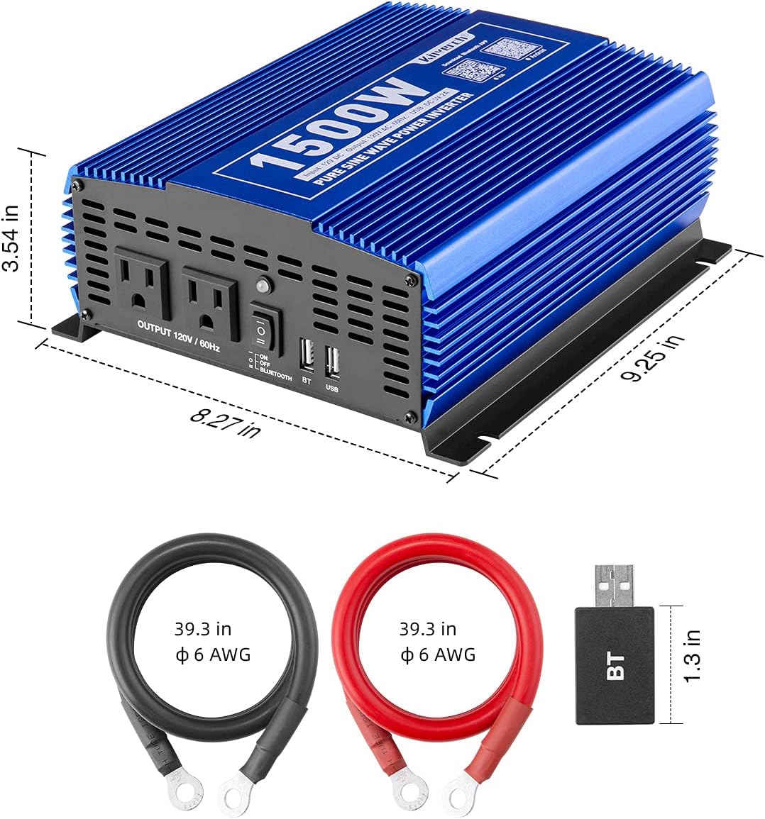 1500W Pure Sine Wave Power Inverter 12V DC to 110V AC with Bluetooth F128815