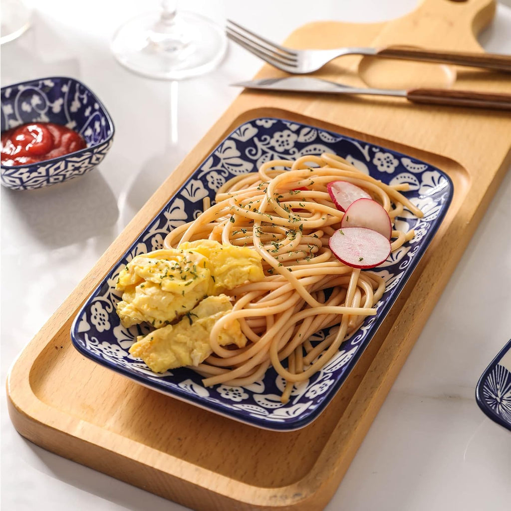 16 Pieces Ceramic Dinnerware Set with 8 Inch Rectangular Salad Plates, Blue K84848