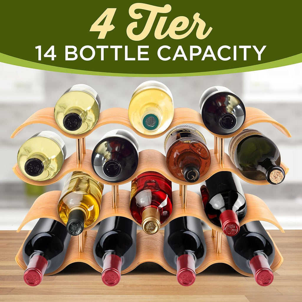 Bamboo Wine Rack 4 Tier Countertop Shelf Holds 14 Bottles Stackable Wooden Holder R85646