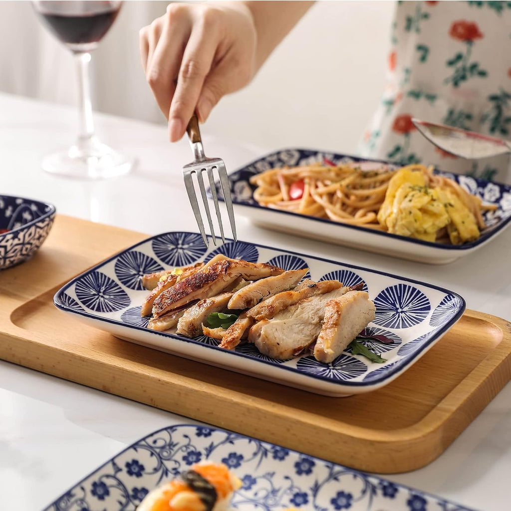 16 Pieces Ceramic Dinnerware Set with 8 Inch Rectangular Salad Plates, Blue K84848