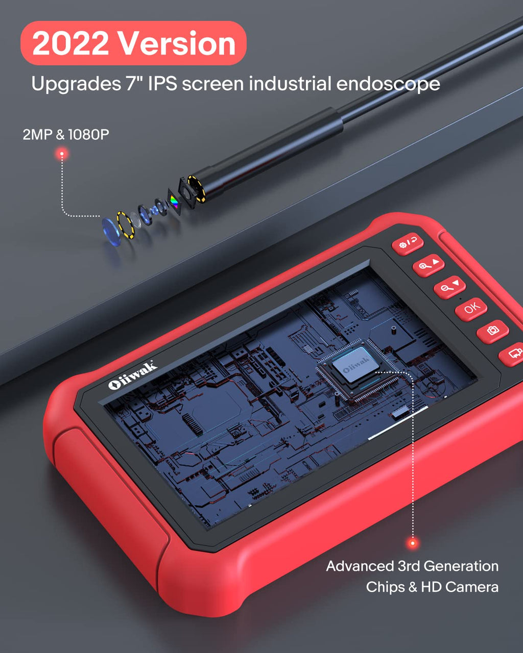 7'' Screen Borescope 6X Zoom HD Snake Camera with 8 LED Lights V15008