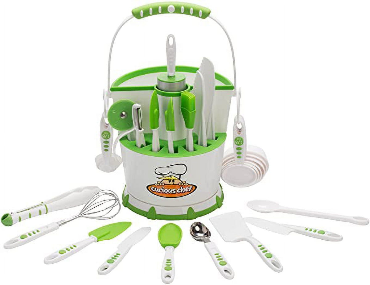 30-Piece White/Green Plastic Cookware Set with Real Utensils P283645