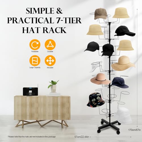 7-Tier Rotating Hat Display Rack, 35 Hooks Metal Freestanding Black Floor Rack N4902