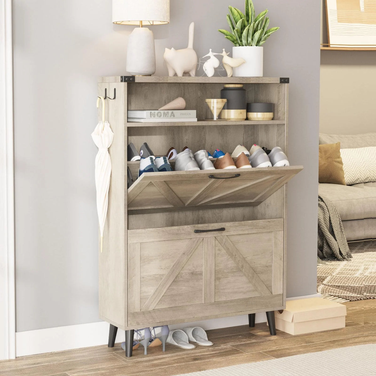 Grey Shoe Cabinet with 2 Flip Drawers S588797